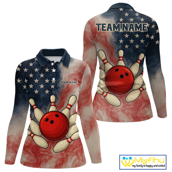 Personalized Smoke American Flag Bowling Shirts for Women Custom Patriotic Team Bowling Outfits NQS10498