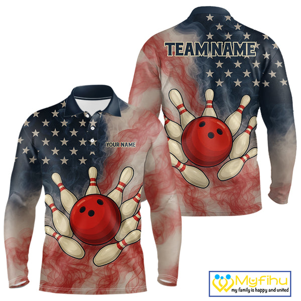 Personalized Smoke American Flag Bowling Shirts for Men Custom Patriotic Team Bowling Outfits NQS10498