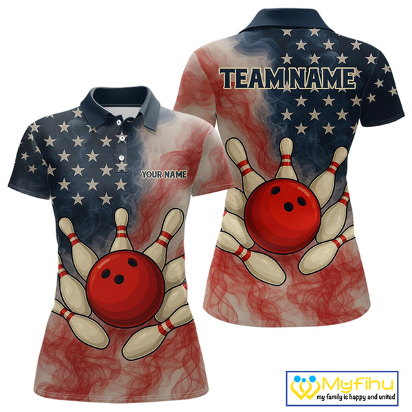 Personalized Smoke American Flag Bowling Shirts for Women Custom Patriotic Team Bowling Outfits NQS10498