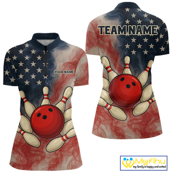 Personalized Smoke American Flag Bowling Shirts for Women Custom Patriotic Team Bowling Outfits NQS10498