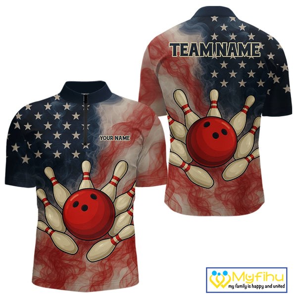 Personalized Smoke American Flag Bowling Shirts for Men Custom Patriotic Team Bowling Outfits NQS10498
