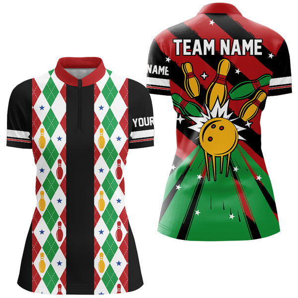 Christmas argyle pattern Bowling Polo, 1/4 zip shirts For Women Custom Xmas Team Bowling Jerseys NQS8985