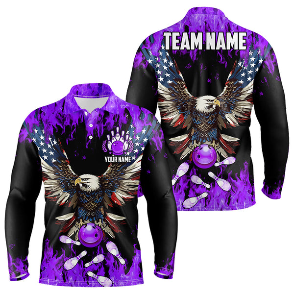 Purple flame Mens bowling shirts Custom American flag Eagle Team bowling shirts, gift for bowlers NQS9215