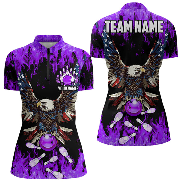 Purple flame Women bowling shirts Custom American flag Eagle Team bowling shirts, gift for bowlers NQS9215