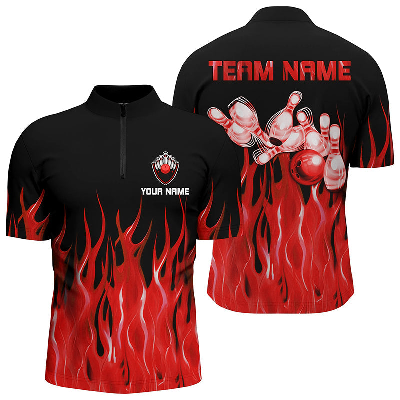 Personalized Men Quarter Zip Bowling Shirt Red Flame Bowling Ball Pins bowling jerseys for Bowler NQS7052