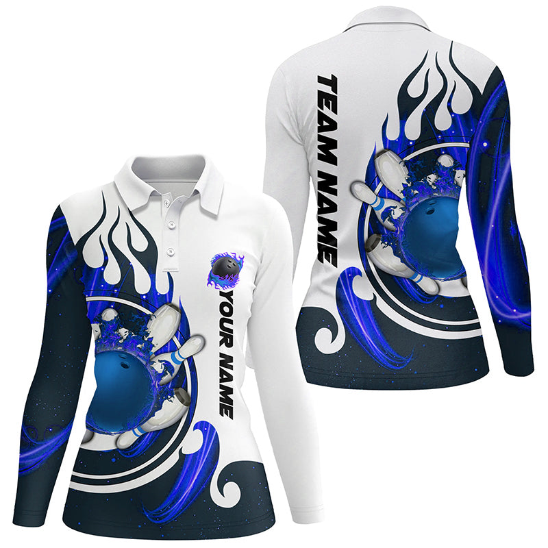 White Bowling polo Shirt for women Custom blue flame bowling ball and pins Jerseys NQS7166