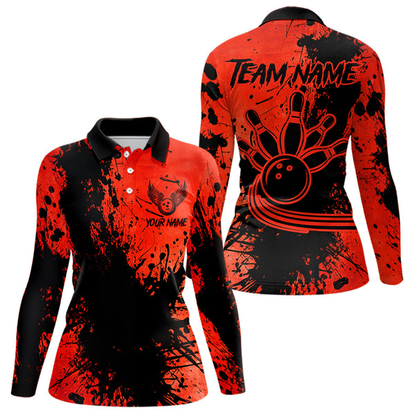 Black and Red Womens Bowling Polo, Quarter Zip Shirts Custom Bowling Team League Jerseys NQS9569