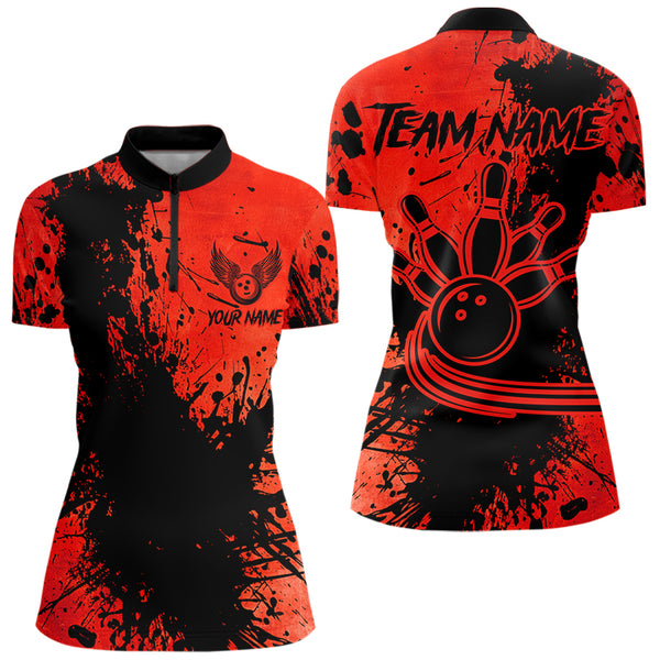 Black and Red Womens Bowling Polo, Quarter Zip Shirts Custom Bowling Team League Jerseys NQS9569