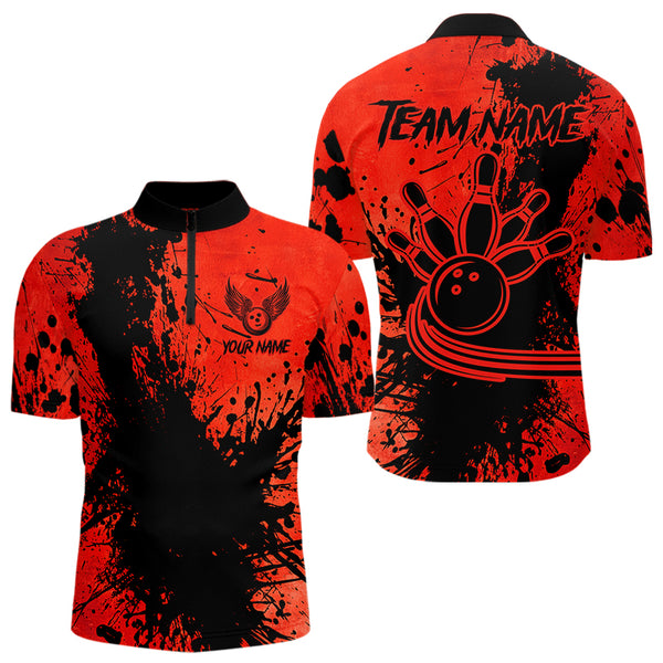 Black and Red Mens Bowling Polo, Quarter Zip Shirts Custom Bowling Team League Jerseys NQS9569