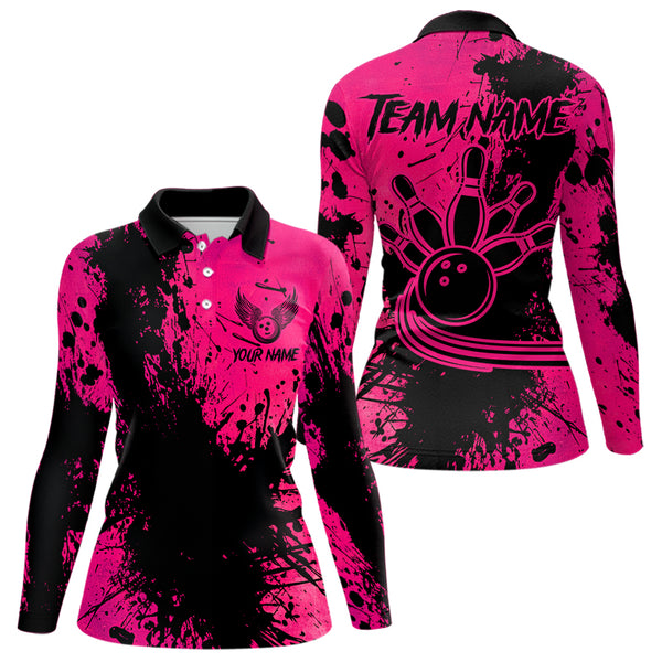Black and Pink Womens Bowling Polo, Quarter Zip Shirts Custom Bowling Team League Jerseys NQS9570