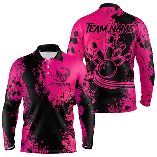 Black and Pink Mens Bowling Polo, Quarter Zip Shirts Custom Bowling Team League Jerseys NQS9570