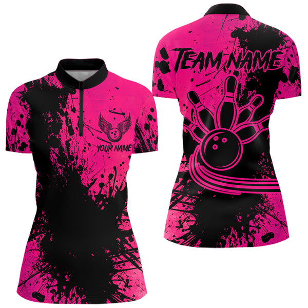 Black and Pink Womens Bowling Polo, Quarter Zip Shirts Custom Bowling Team League Jerseys NQS9570