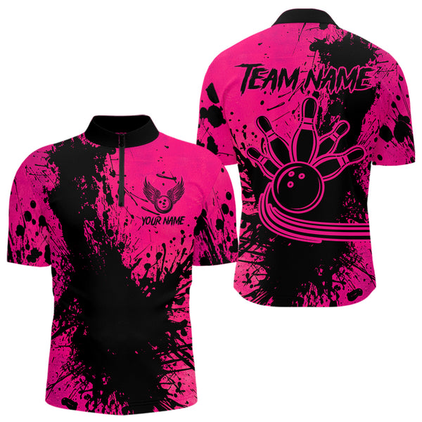 Black and Pink Mens Bowling Polo, Quarter Zip Shirts Custom Bowling Team League Jerseys NQS9570