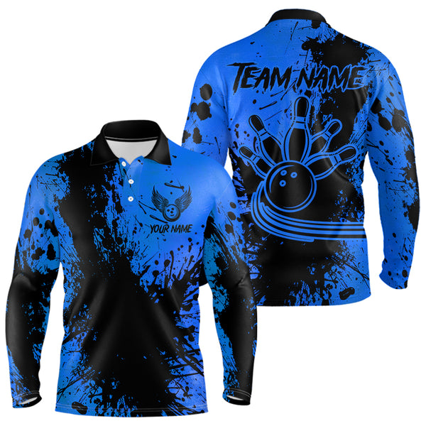 Black and Blue Mens Bowling Polo, Quarter Zip Shirts Custom Bowling Team League Jerseys NQS9571