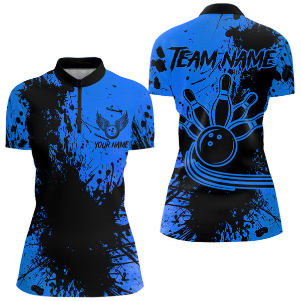 Black and Blue Womens Bowling Polo, Quarter Zip Shirts Custom Bowling Team League Jerseys NQS9571