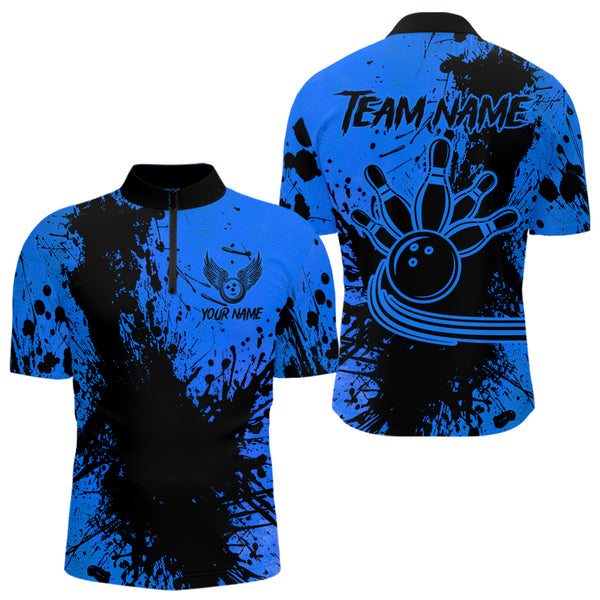 Black and Blue Mens Bowling Polo, Quarter Zip Shirts Custom Bowling Team League Jerseys NQS9571
