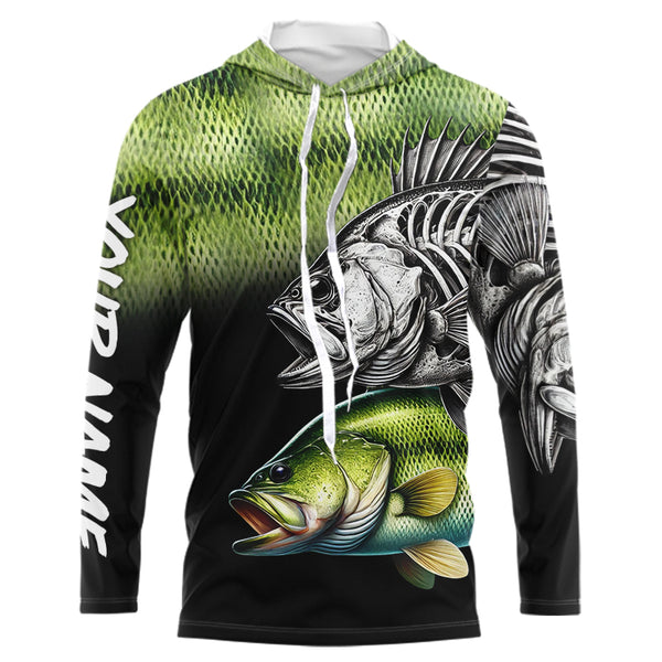Bass Reaper Skeleton Green scales Custom Long Sleeve Fishing Shirts, Personalized Fishing Gifts NQS9572