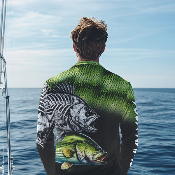 Bass Reaper Skeleton Green scales Custom Long Sleeve Fishing Shirts, Personalized Fishing Gifts NQS9572