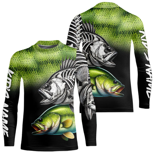 Bass Reaper Skeleton Green scales Custom Long Sleeve Fishing Shirts, Personalized Fishing Gifts NQS9572