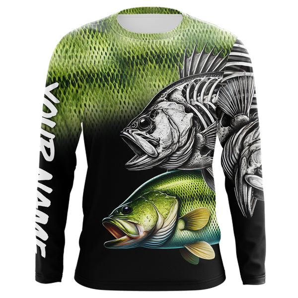 Bass Reaper Skeleton Green scales Custom Long Sleeve Fishing Shirts, Personalized Fishing Gifts NQS9572