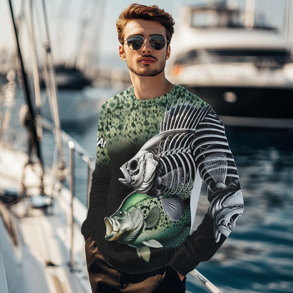 Crappie Reaper Skeleton Green scales Custom Long Sleeve Fishing Shirts, Personalized Fishing Gifts NQS9573