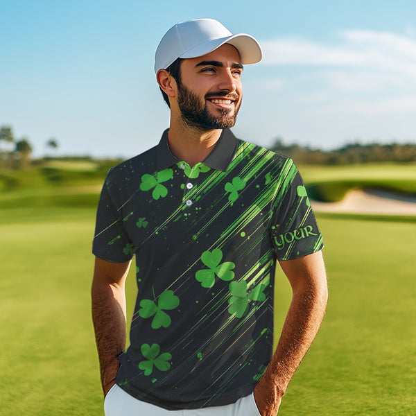 Personalized Black & Green Clover pattern Men golf polo shirts Custom St Patrick Day mens golf wear NQS9574