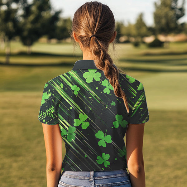 Personalized Black & Green Clover pattern Women golf polo shirt Custom St Patrick Day ladies golf wear NQS9574