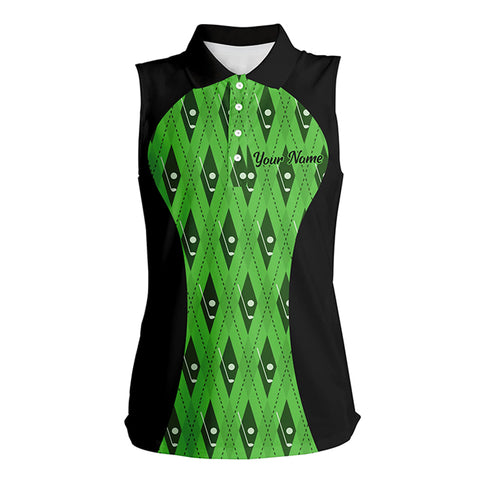 Womens sleeveless polo shirt custom black and green argyle pattern golf clubs, team ladies golf tops NQS7312