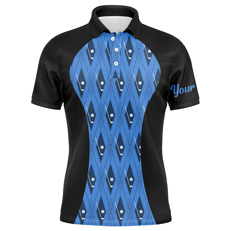 Mens golf polo shirt custom black and blue argyle pattern golf clubs, team golf tops for men NQS7313