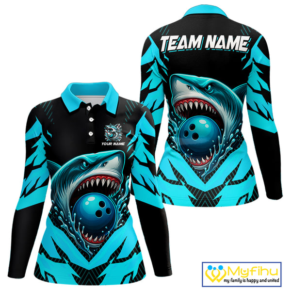 Black and Blue Women bowling shirts Custom Blue Shark bowling team  jerseys, gifts for bowlers NQS9991