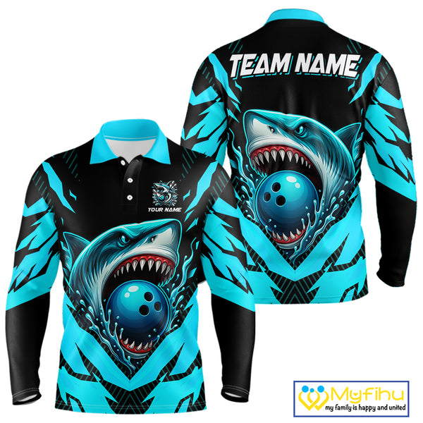 Black and Blue Mens bowling shirts Custom Blue Shark bowling team  jerseys, gifts for bowlers NQS9991