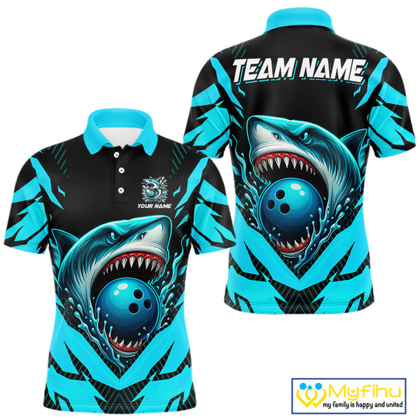 Black and Blue Mens bowling shirts Custom Blue Shark bowling team  jerseys, gifts for bowlers NQS9991
