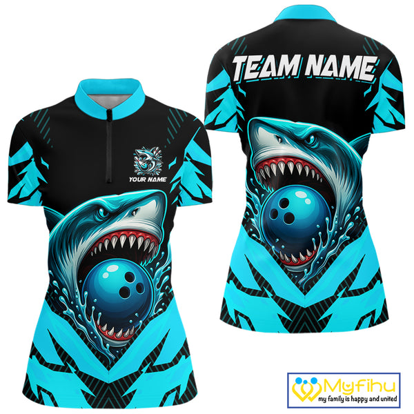 Black and Blue Women bowling shirts Custom Blue Shark bowling team  jerseys, gifts for bowlers NQS9991