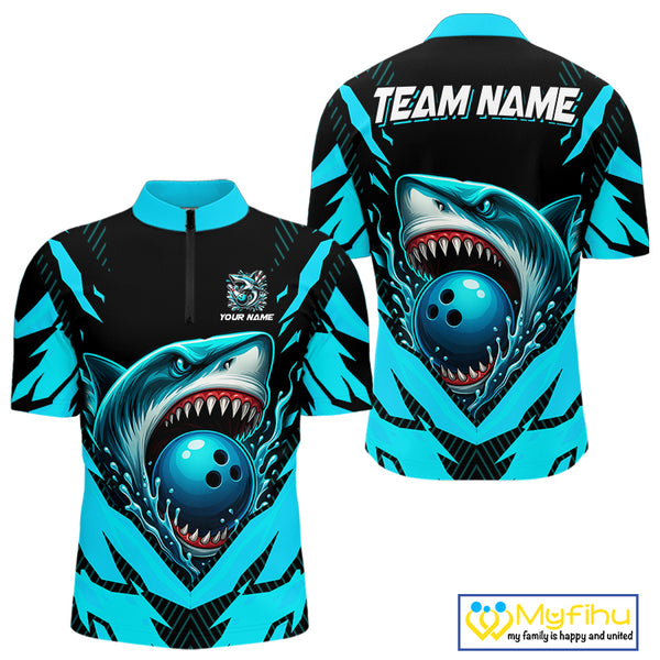 Black and Blue Mens bowling shirts Custom Blue Shark bowling team  jerseys, gifts for bowlers NQS9991