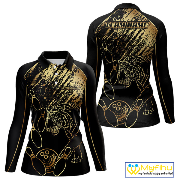 Personalized Black & Gold Tiger Bowling Polo, Quarter Zip Shirts For Women Custom Bowling Team Jersey NQS10281
