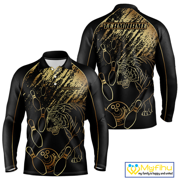 Personalized Black and Gold Tiger Bowling Polo, Quarter Zip Shirts For Men Custom Bowling Team Jersey NQS10281