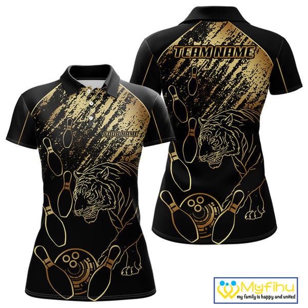 Personalized Black & Gold Tiger Bowling Polo, Quarter Zip Shirts For Women Custom Bowling Team Jersey NQS10281