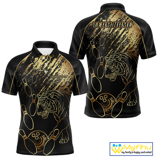Personalized Black and Gold Tiger Bowling Polo, Quarter Zip Shirts For Men Custom Bowling Team Jersey NQS10281