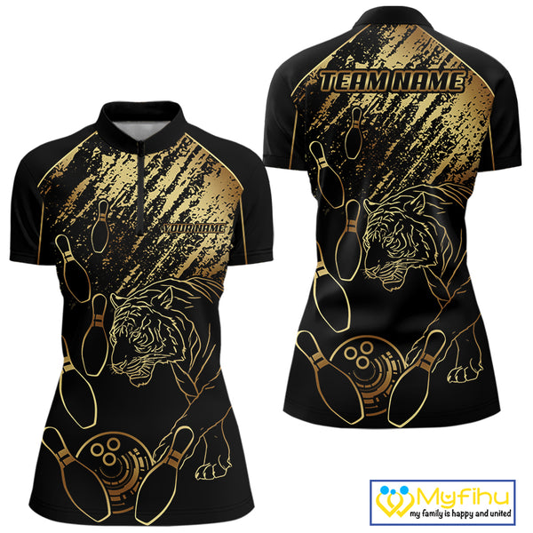 Personalized Black & Gold Tiger Bowling Polo, Quarter Zip Shirts For Women Custom Bowling Team Jersey NQS10281