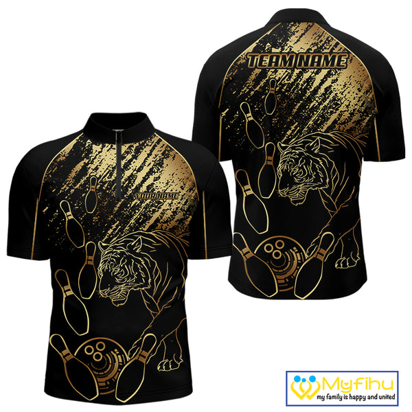 Personalized Black and Gold Tiger Bowling Polo, Quarter Zip Shirts For Men Custom Bowling Team Jersey NQS10281