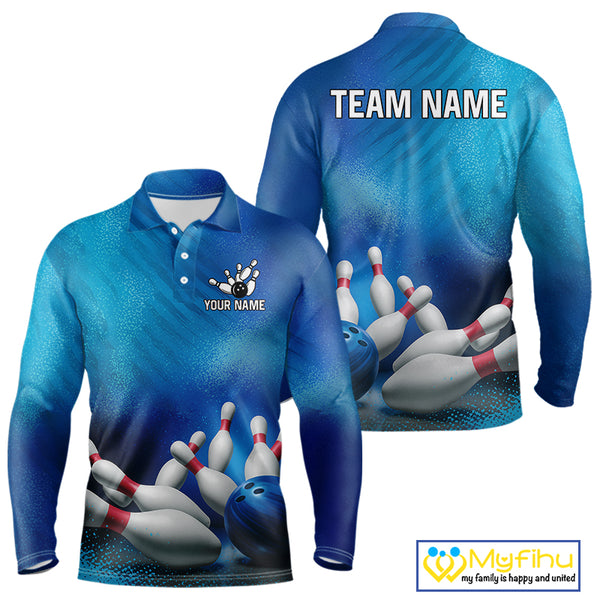 Custom Blue Bowling Team Mens Polo, Quarter-Zip Shirts, custom bowling jersey with name NQS10282
