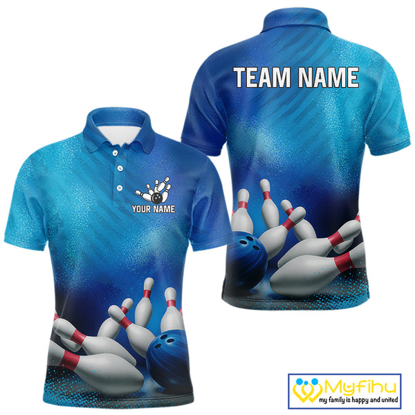 Custom Blue Bowling Team Mens Polo, Quarter-Zip Shirts, custom bowling jersey with name NQS10282