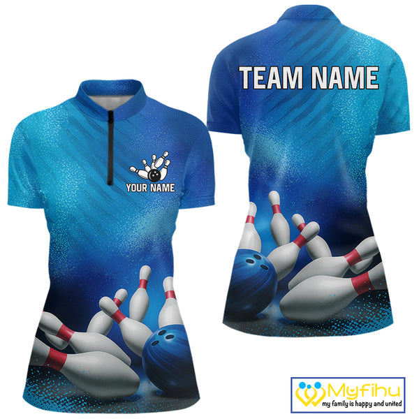 Custom Blue Bowling Team Women Polo, Quarter-Zip Shirts, custom bowling jersey with name NQS10282