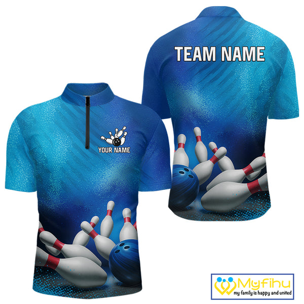 Custom Blue Bowling Team Mens Polo, Quarter-Zip Shirts, custom bowling jersey with name NQS10282