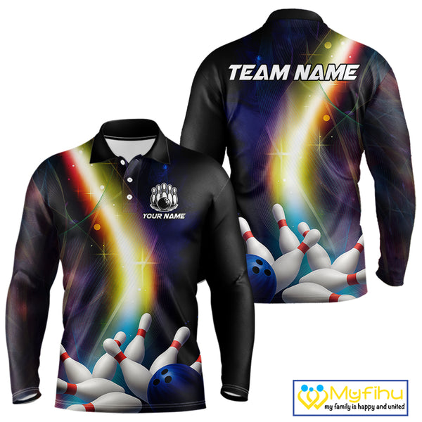 Custom Rainbow Lights Bowling Polo, 1/4 Zip Shirt For Men, Personalized bowling team jersey with name NQS10283