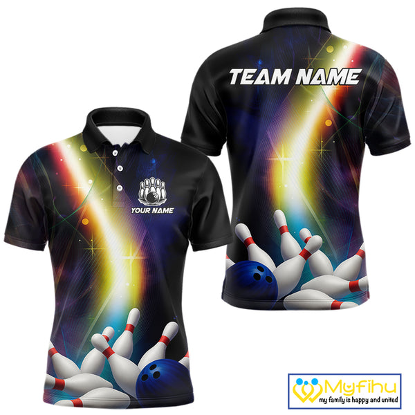 Custom Rainbow Lights Bowling Polo, 1/4 Zip Shirt For Men, Personalized bowling team jersey with name NQS10283