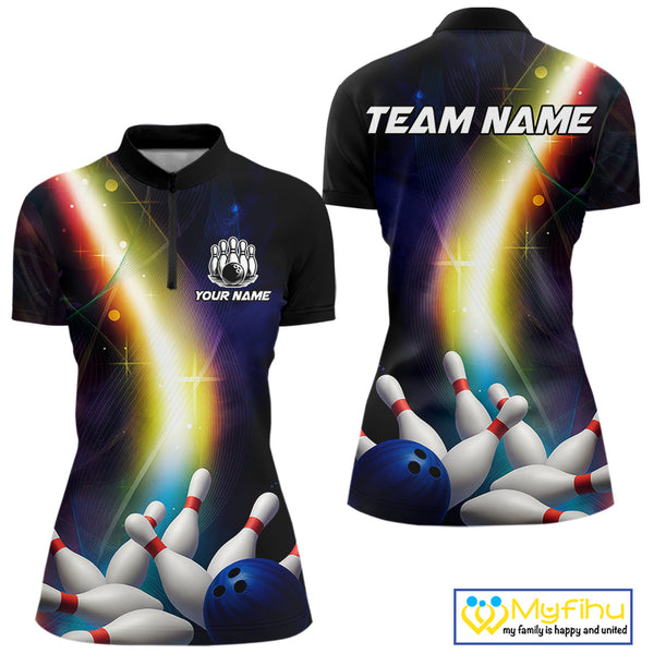 Custom Rainbow Lights Bowling Shirts For Women, Personalized bowling team jersey with name NQS10283
