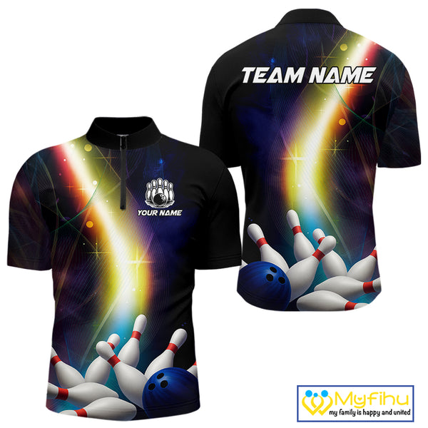 Custom Rainbow Lights Bowling Polo, 1/4 Zip Shirt For Men, Personalized bowling team jersey with name NQS10283