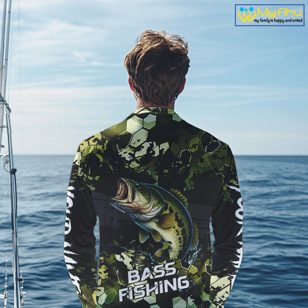 Green Camo Largemouth Bass fishing sun shirts custom name fishing shirts long sleeve uv protection NQS10284