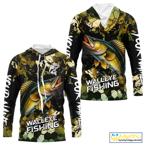 Yellow Camo Walleye fishing sun shirts custom name fishing shirts long sleeve uv protection NQS10285
